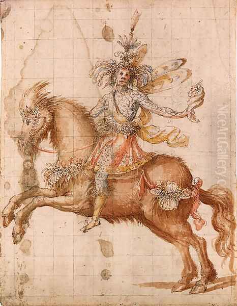 A fantastic figure on horseback holding a conch design for a cavalcade Oil Painting by Giulio Parigi