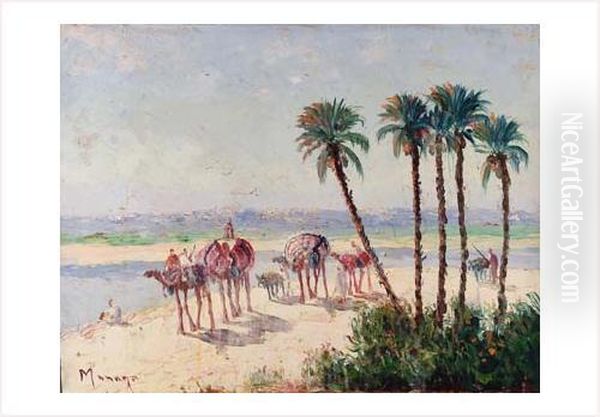 Caravane Au Bord De L'oued Oil Painting by Vincent Manago