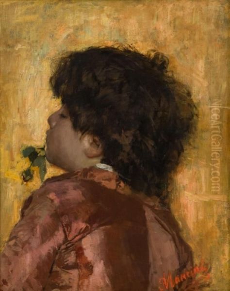 Bambino Con La Rosa Nella Bocca Oil Painting by Antonio Mancini