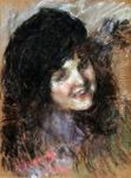 Ritratto Di Fanciulla Con Cappello Nero Oil Painting by Antonio Mancini