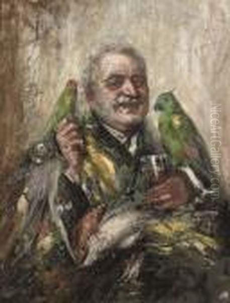 A Man With Parrots In A Tavern Oil Painting by Antonio Mancini