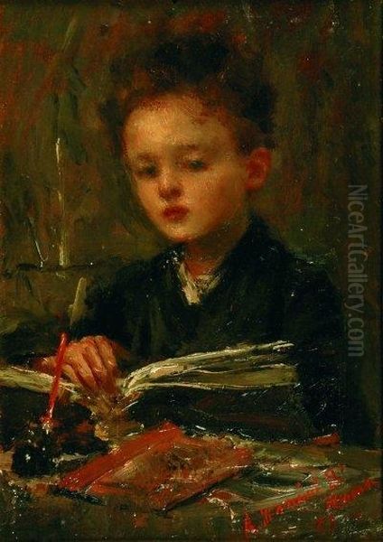 Bambino Che Studia Oil Painting by Antonio Mancini