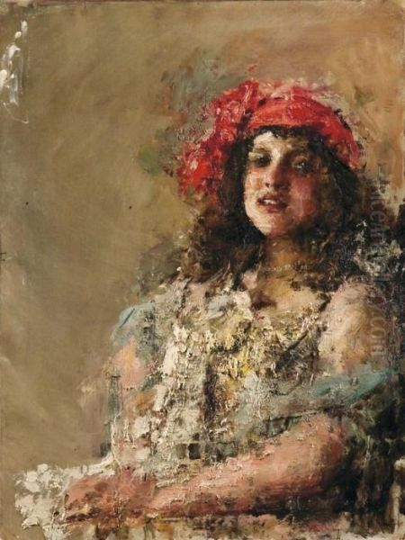 Il Cappello Rosso Oil Painting by Antonio Mancini