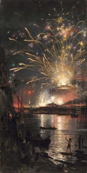 Fuochi D'artificio A Castel Sant'angelo Oil Painting by Antonio Mancini