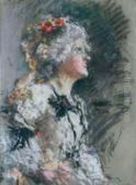 Giovane Donna Che Ride In Costume Roccoco Oil Painting by Antonio Mancini