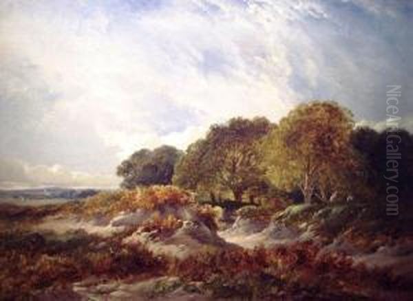 Figures On The Edge Of A Wood Oil Painting by William Henry Mander