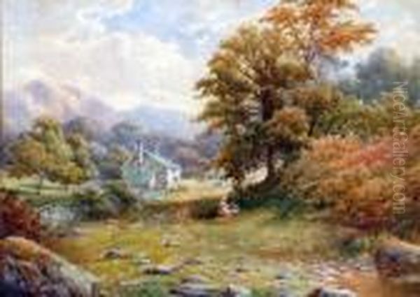 Figures Resting In A Country Landscape With Cottage Oil Painting by William Henry Mander