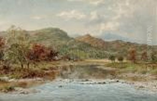 A Faggott Gatherer In A River Landscape, North Wales Oil Painting by William Henry Mander