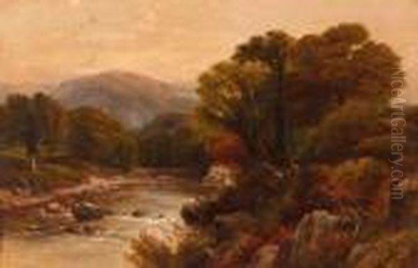 Mountain River Landscape With Figures Oil Painting by William Henry Mander