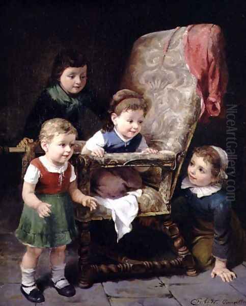 Children playing round a chair Oil Painting by Charles Petit