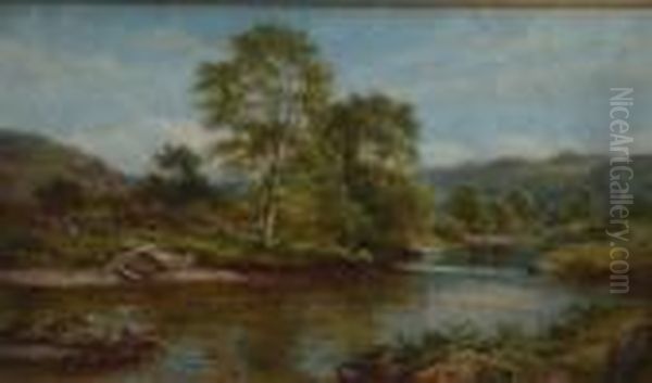 River Landscape With Hills Rising In Background And Figure On Far Bank Oil Painting by William Henry Mander