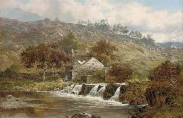 Figures Beside A Cottage Beside A River Oil Painting by William Henry Mander