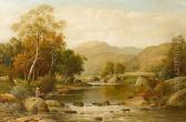 Figures Fishing In A Landscape Oil Painting by William Henry Mander