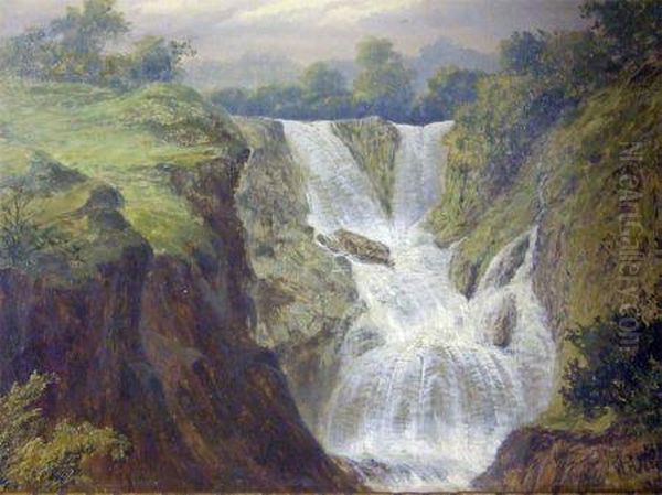 Bears Signature, Oil, The Waterfall, 18 Oil Painting by William Henry Mander