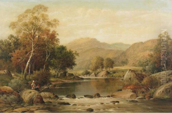 Figures Fishing In A Tranquil Pool Oil Painting by William Henry Mander