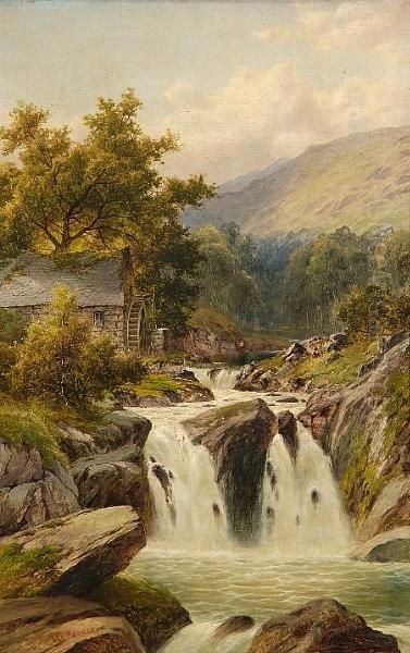 'ryaiadr Du, Tynygroes' And 'welsh Mountain Watermill' Oil Painting by William Henry Mander