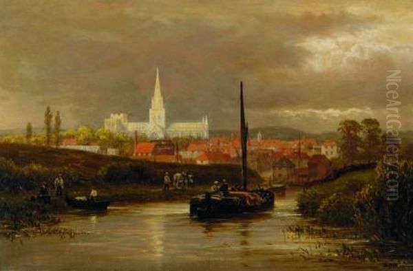 River Barges And Distant City Oil Painting by William Henry Mander