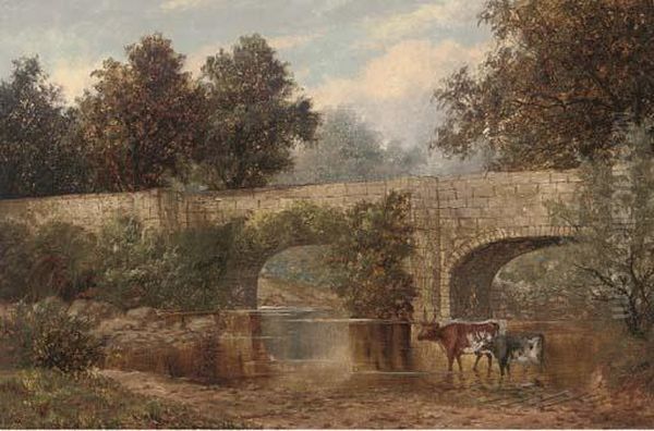 Cattle Watering Beneath A Bridge Oil Painting by William Henry Mander