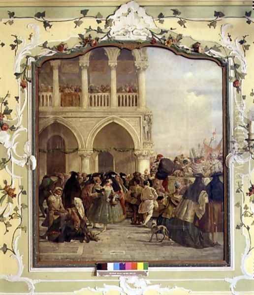 A Masked Ball in St. Marks Square at the Cafe Florian, Venice Oil Painting by V. Ponga