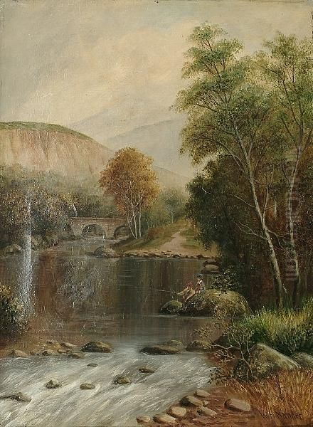 Mountainous River Landscape With Figures Fishing From A Rock In The Foreground Oil Painting by William Henry Mander