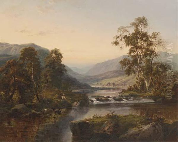 Figures By A River In A Mountainous Landscape Oil Painting by William Henry Mander