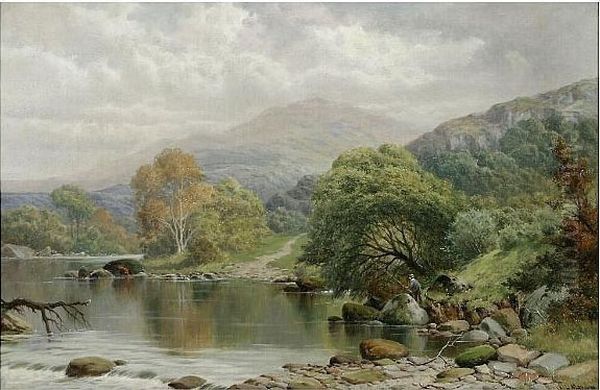 River Landscape With Angler On A Bank Oil Painting by William Henry Mander