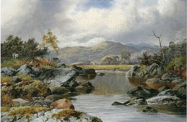 River Landscape With Anglers Oil Painting by William Henry Mander