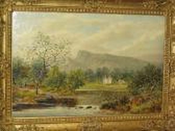 Welsh River Landscape With Cattle And Cottages Before A Hillside Oil Painting by William Henry Mander