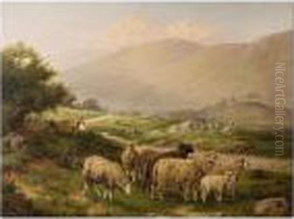 Sheep In A Welsh Landscape Oil Painting by William Henry Mander