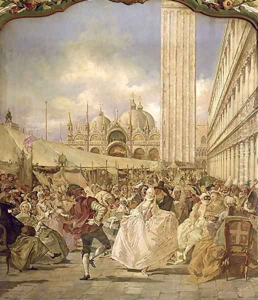 Masked Ball in St. Marks Square, Venice Oil Painting by V. Ponga