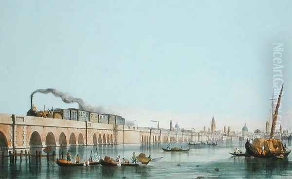 Bridge over the Lagoon, from Views of Principal monuments in Venice, published c.1850 Oil Painting by Pividor, Giovanni