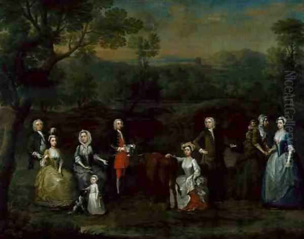 The Russell and Revett Families Syllabub Straight from the Cow, 1740s Oil Painting by Charles Phillips