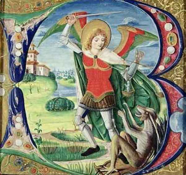 Historiated initial B depicting St. Michael and the Dragon, 1499-1511 Oil Painting by Alessandro Pampurino