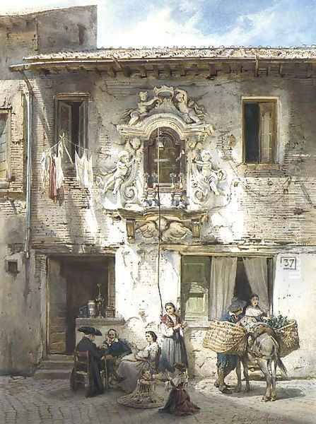 A Roman house with an edicola in a baroque surround Oil Painting by Ludwig Passini