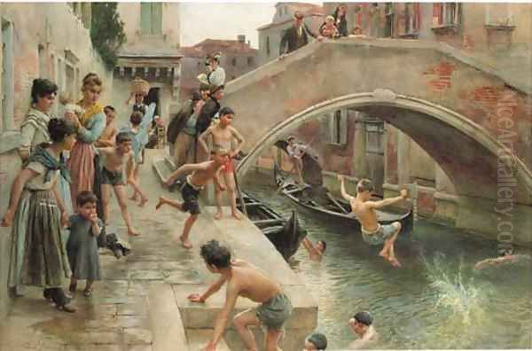 Figures on a Venetian canal Oil Painting by Ludwig Passini