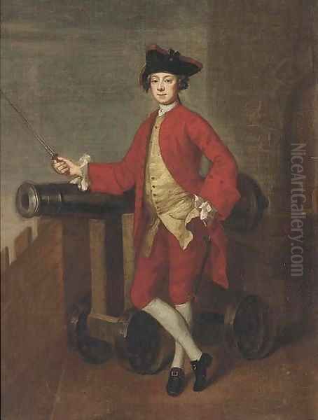 Portrait of an officer, small full-length, on a battlement, resting his arm on a canon Oil Painting by Edward Penny