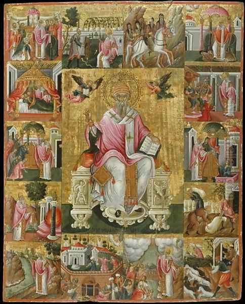 Icon of St Spyridon with Scenes of his life Oil Painting by Theodoros Pulakis