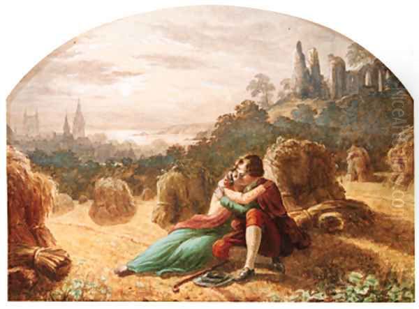 Lovers in an embrace beside corn stooks Oil Painting by Waller Hugh Paton