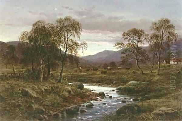 A brook with cattle in the distance Oil Painting by Waller Hugh Paton