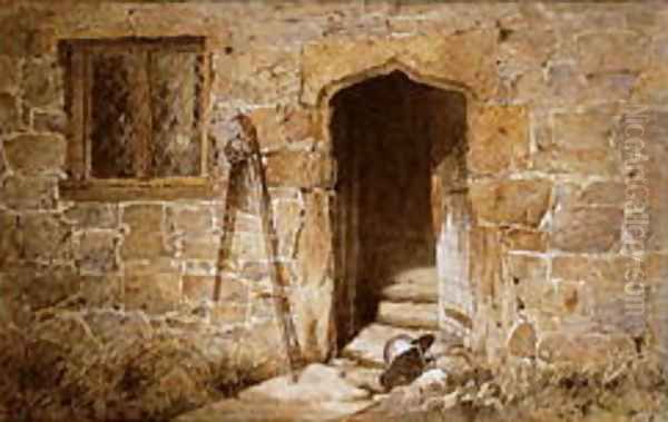 After the battle - a helmet before a stone gothic doorway, 1855 Oil Painting by Aaron Edwin Penley