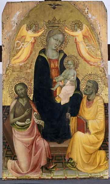 Enthroned Madonna and Child being crowned by two Angels, John the Baptist and the Apostle Peter, c.1410-20 Oil Painting by Baldese Pseudo