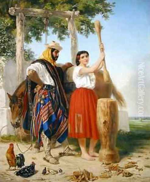 The pounding of the corn; Spanish American Scene Oil Painting by Jean-Leon Palliere