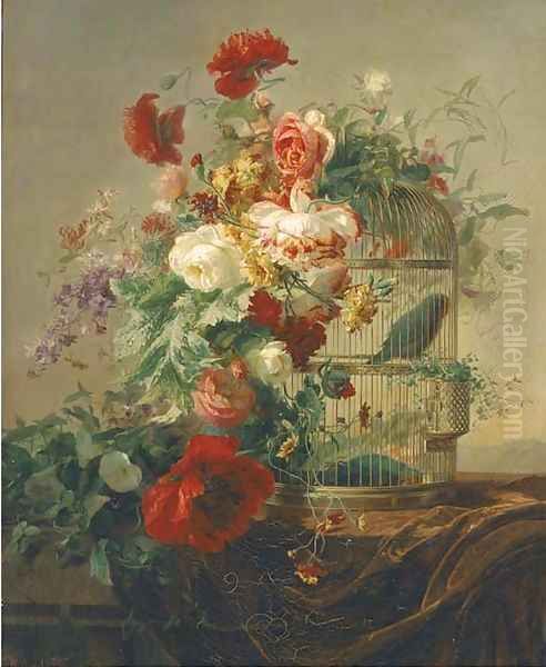 A parakeet in a gilded cage under a canopy of summer flowers Oil Painting by Elise Puyroche-Wagner