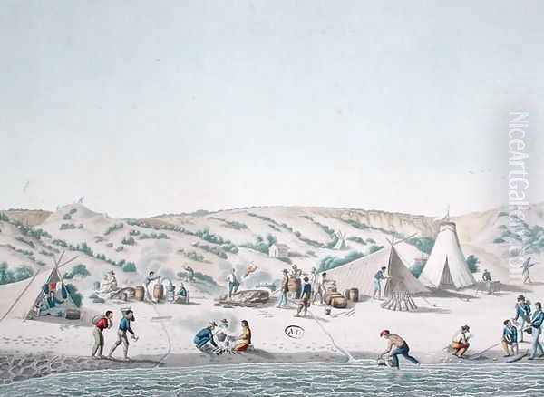 Baie des Chiens Marins, New Holland The Camp of l'Uranie near Ile Peron, from Voyage Autour du Monde sur les Corvettes de LUranie engraved by Forget after a design by Marchais, published 1817-20 Oil Painting by Alphonse Pellion