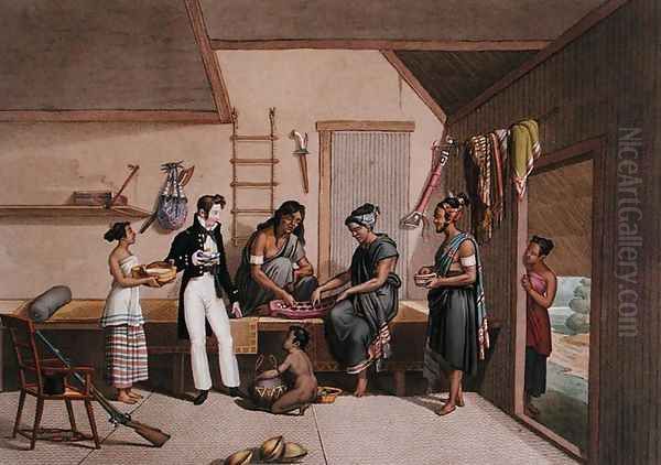 Interior of a House in Coupang, Timor, from Voyage Autour du Monde sur les Corvettes de LUranie 1817-20, engraved by Lerouge and Forget, published 1825 by Alphonse Pellion