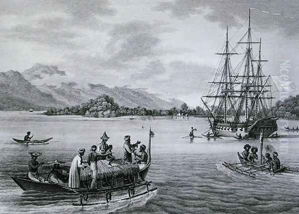 The Papous Islands View of the Uranie Moored by the Island of Rawak, from Voyage Autour du Monde sur les Corvettes de LUranie 1817-20 engraved by Niquet, published 1825 Oil Painting by Alphonse Pellion