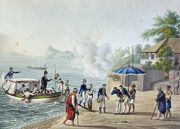 View of Our First Landing at the Portuguese Establishment at Dille, Timor, from Voyage Autour du Monde sur les Corvettes de LUranie 1817-20 engraved by Lerouge and Forget, published 1825 Oil Painting by Alphonse Pellion