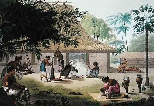 Domestic Activities, Coupang, Timor, from Voyage Autour du Monde sur les Corvettes de LUranie 1817-20, engraved by Forget, published 1825 by Alphonse Pellion