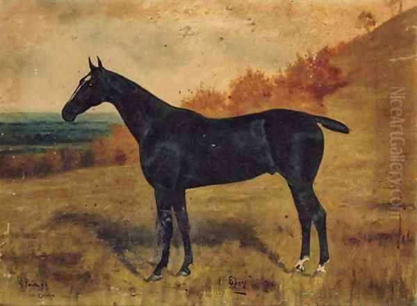 Ebony, a black Racehorse in a Landscape Oil Painting by George Paice