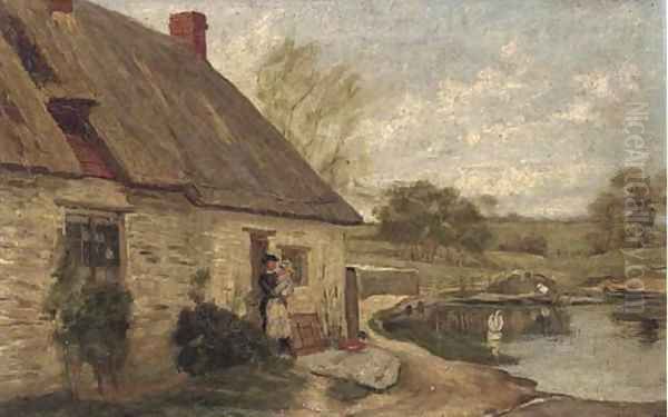 A cottage by a pond Oil Painting by George Paice